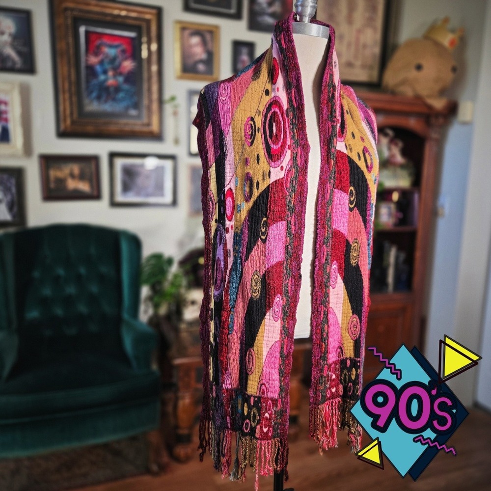 Vintage 90s Chelsey II Abstract Knit Scarf Wrap Magenta Multi Color Boho Fringe